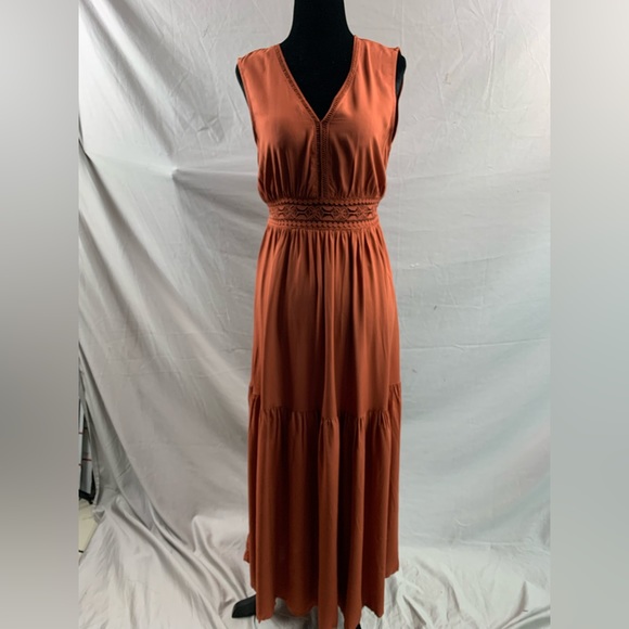 Rust Plunging Neck Ruffle Hem A-line Boho Dress - Picture 7 of 8